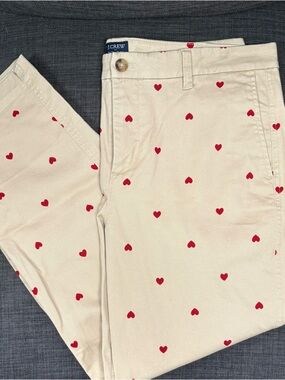 J. Crew Women’s Tan Cropped Chino Pants with Red Heart Print High Rise Size 14